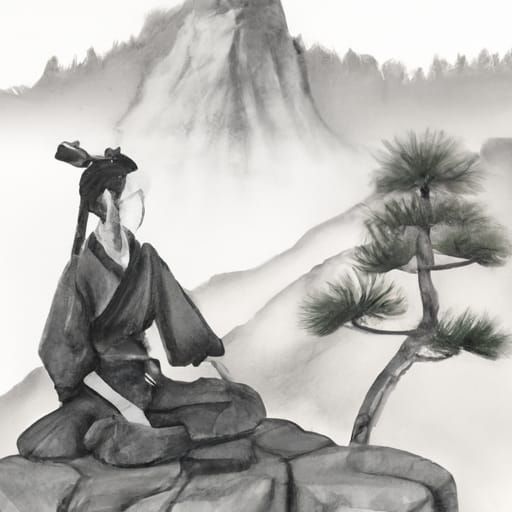 Female Samurai Meditating in Japanese Ink Style