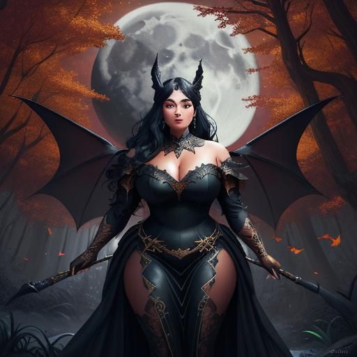Fantasy Fairy with Bat Wings in Autumn Forest