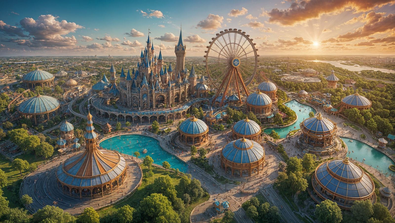 Extreme Theme Park at Sunset: Drone's-Eye View