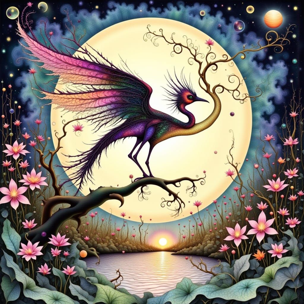 Tall Birds in Japanese Ink Style on a Bamboo Branch