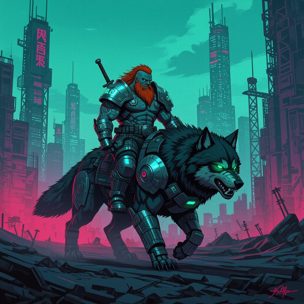 Cybernetic Barbarian Rides a Wolf in Wasteland