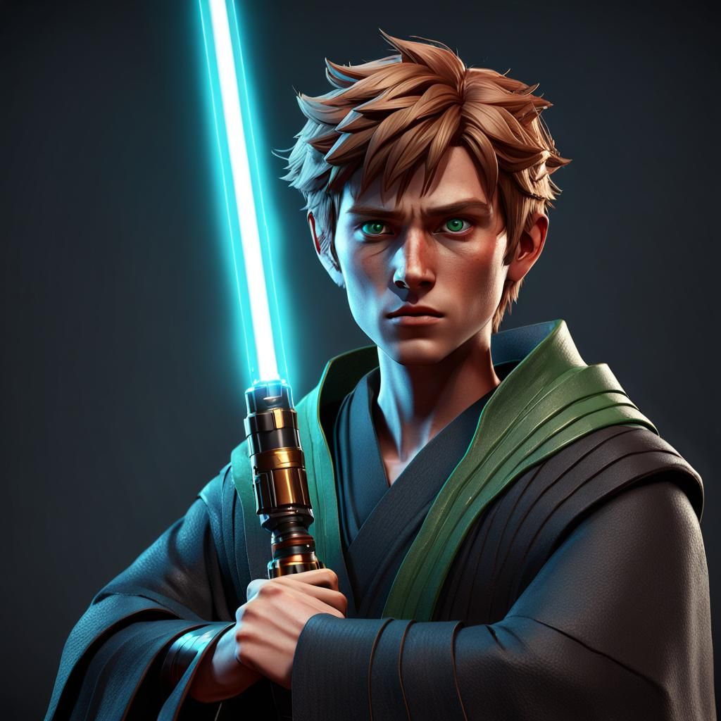 Teen Jedi Padawan with Cyan Lightsaber in 3D
