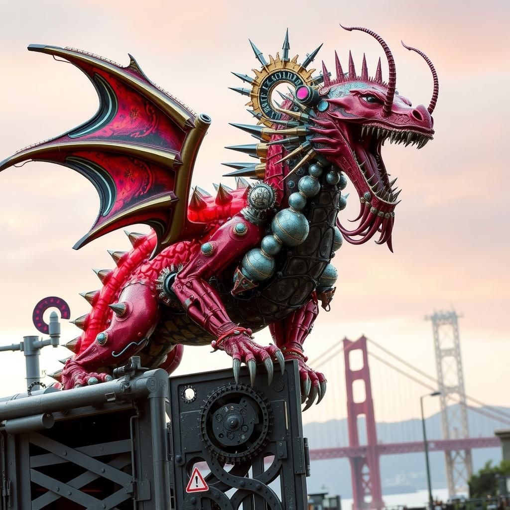Steampunk Metal Dragon Perched in San Francisco