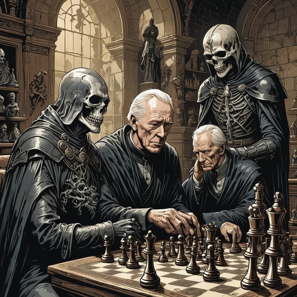 Chess Game with Death in Comic Book Style