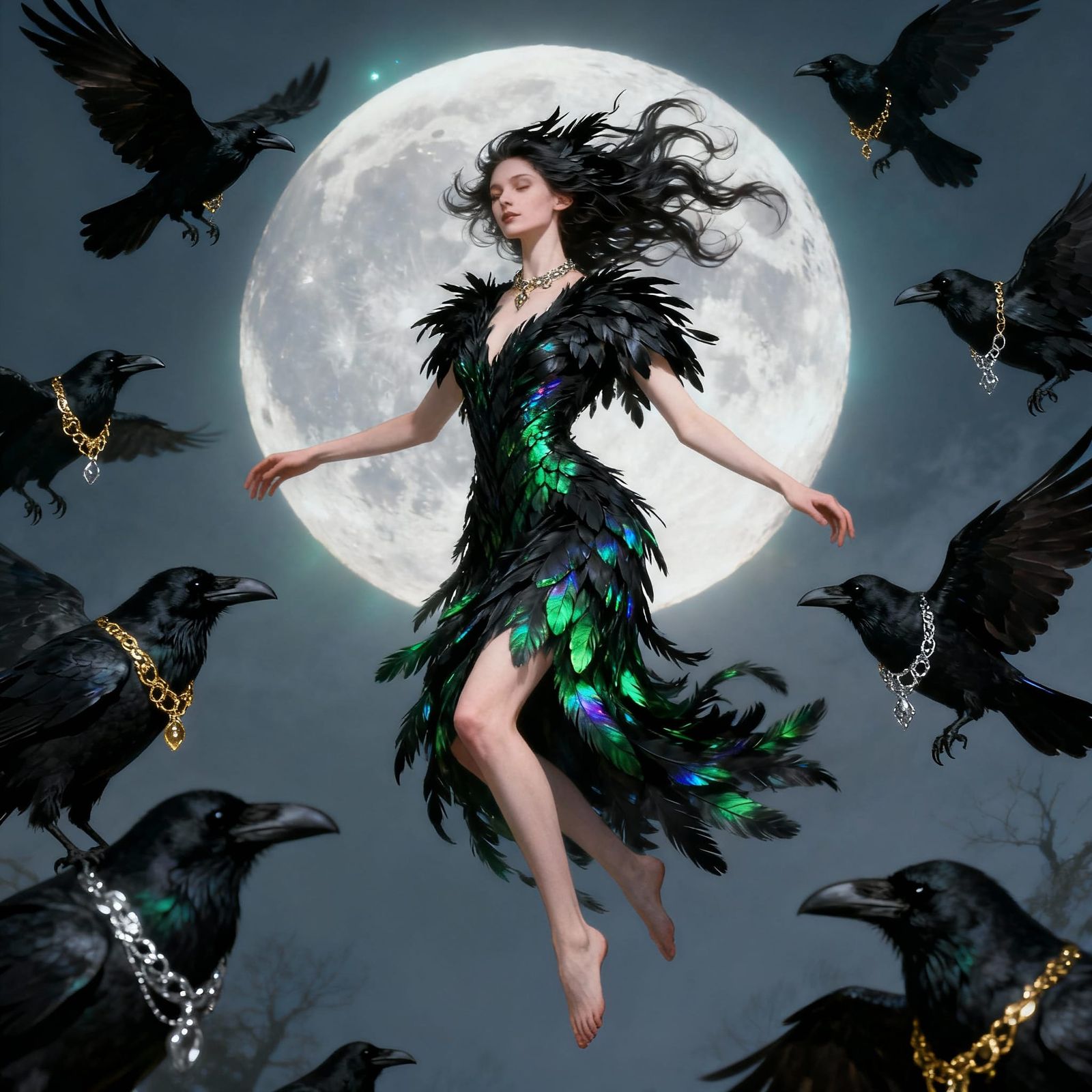 Woman with Crow Feather Hair and Feather Dress Floating Unde...