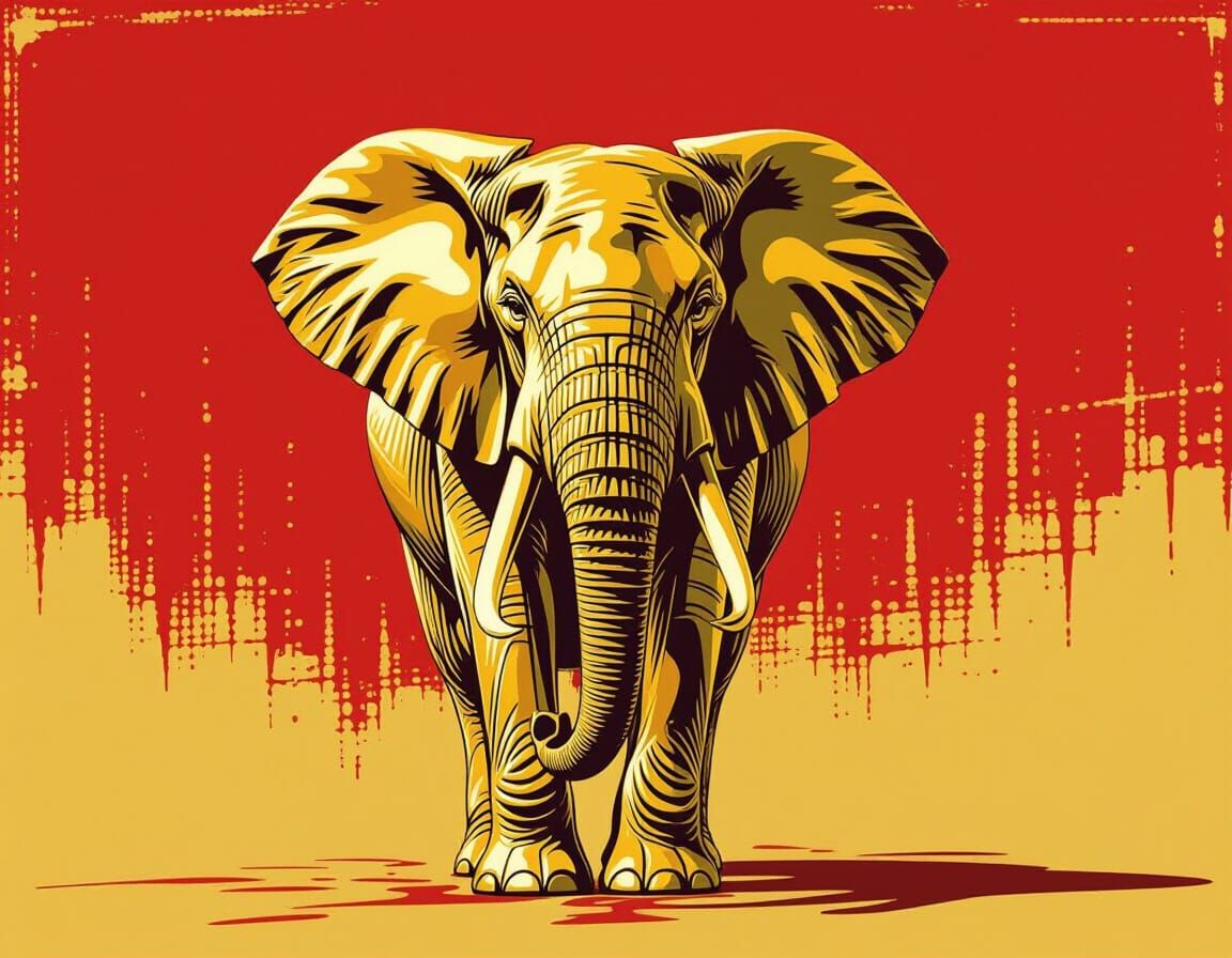 Golden Elephant on Crimson Red Background