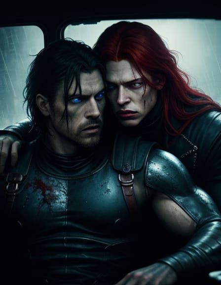 Man Cradles Injured Redhead in Dark Fantasy Film Still