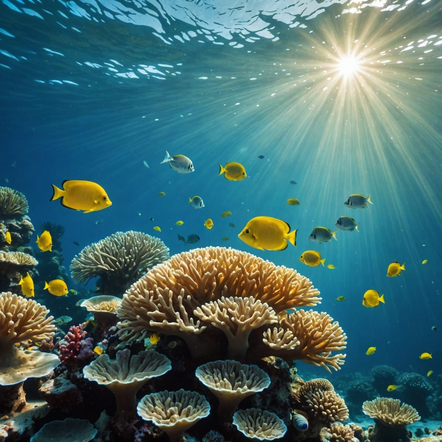 Radiant Coral Reef Undersea Scene with Sunrays