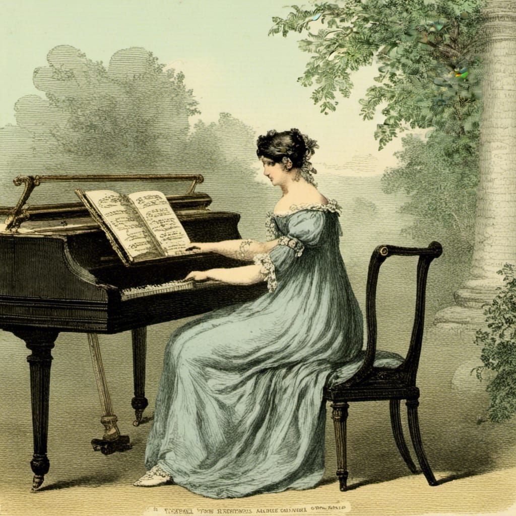 Regency Woman Plays Piano in Grey Dress