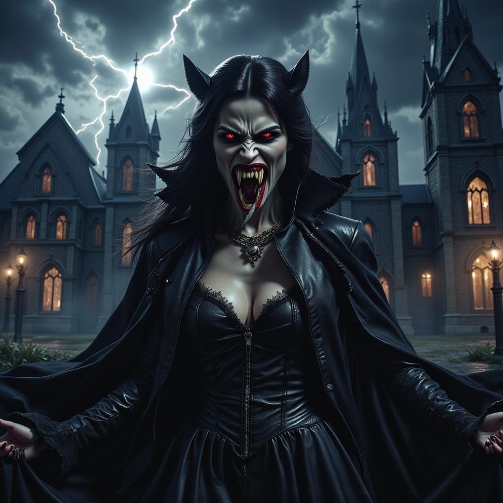 Gothic Vampire Female Werewolf Outside Dark Cathedral at Nig...