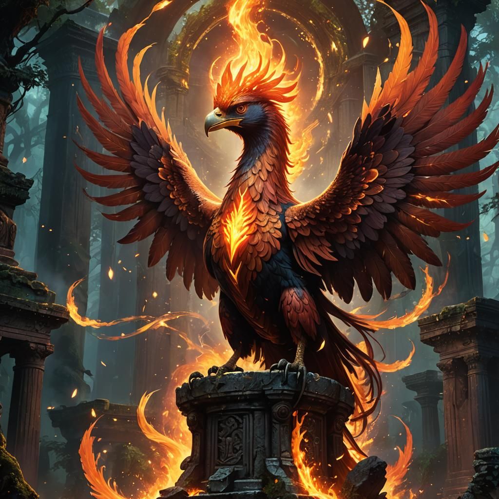 Mystical Phoenix Creature in Fantasy Landscape
