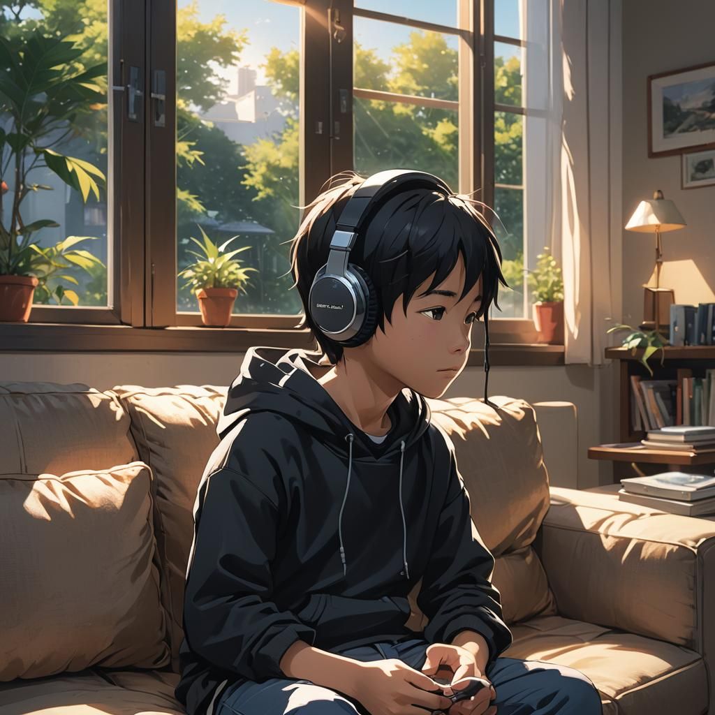 Asian Child Listening to Music: Anime Concept Art