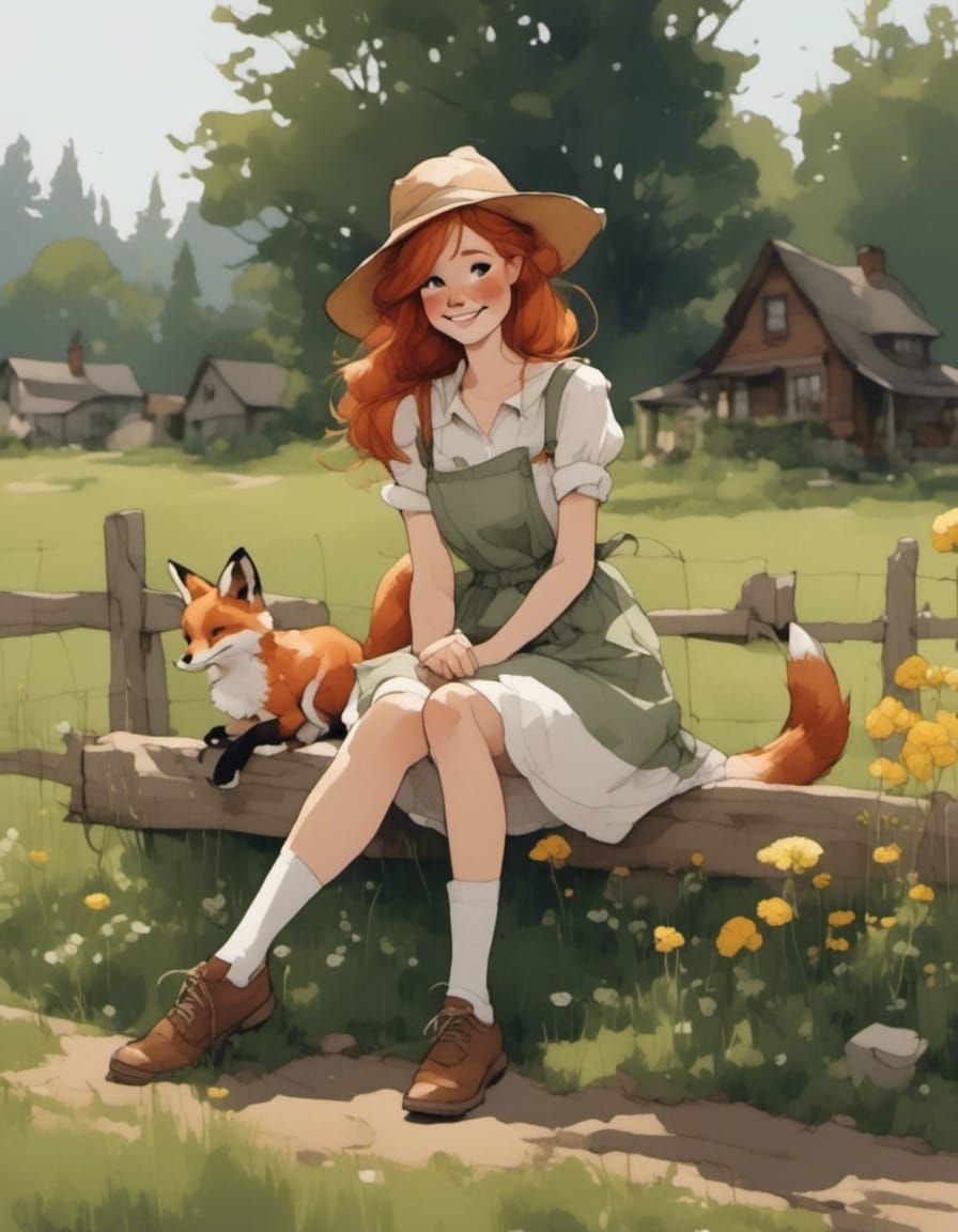 Fox-girl Vixen sitting in the country.
