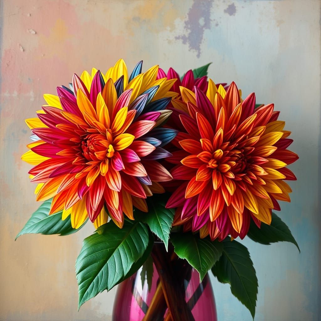Rainbow Dahlias in Vase: Abstract Art