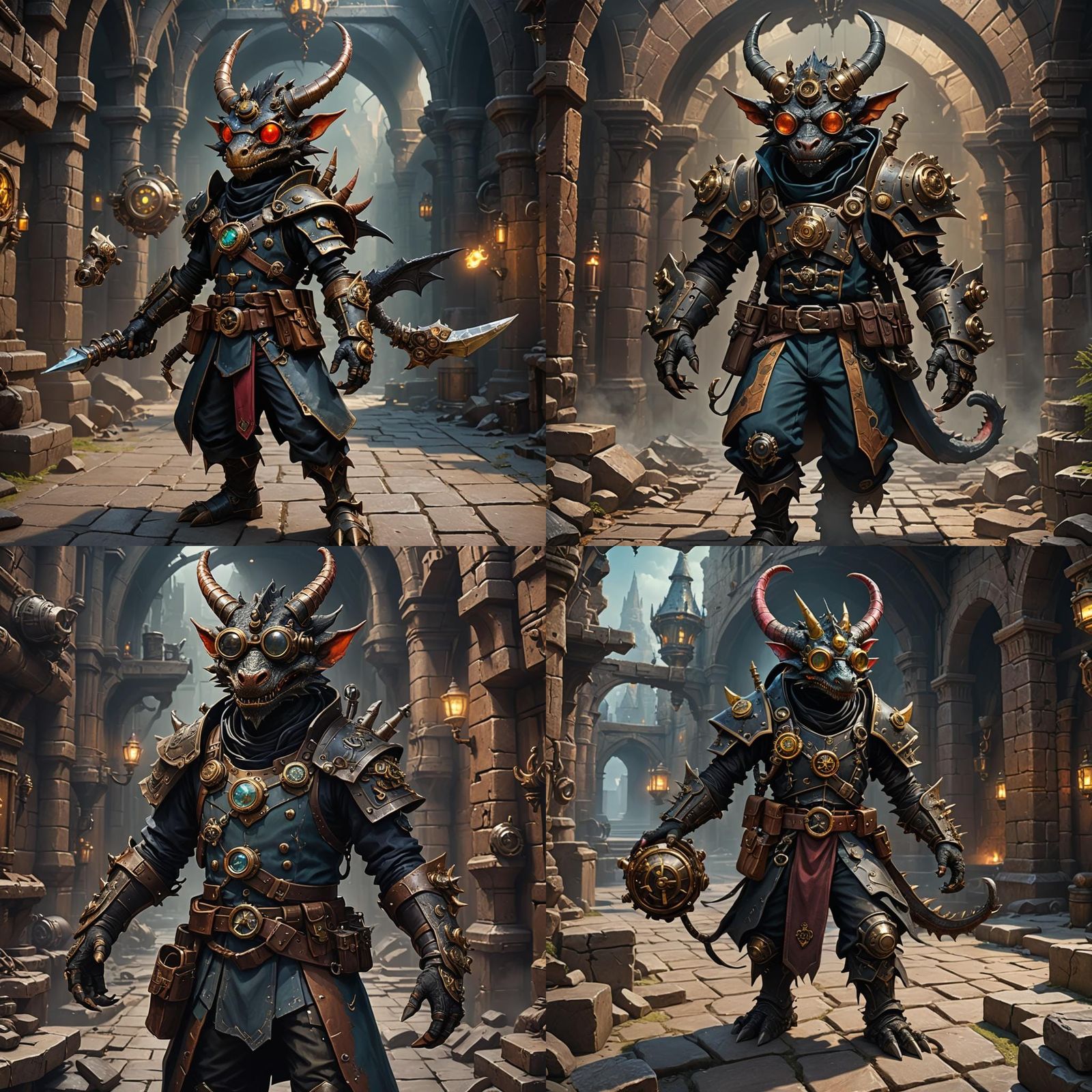 Black dragon kobold artificer with two horns wearing steampunk goggles in dungeons and dragons