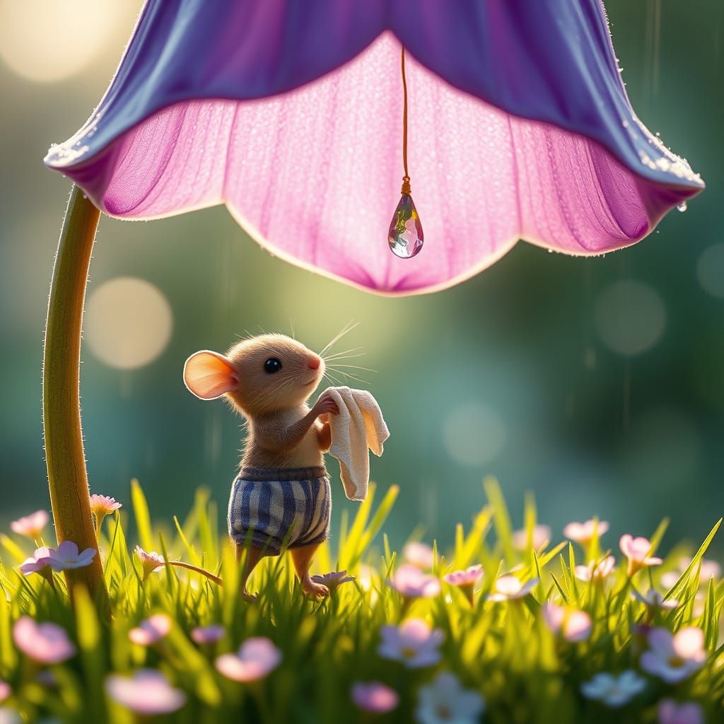 Fairytale Mouse Does Laundry Under Giant Purple Flower