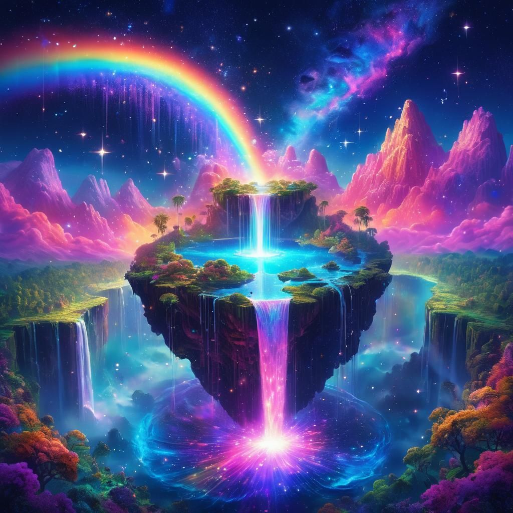 Floating Island Waterfall: Astral Illustration in Neon Color...