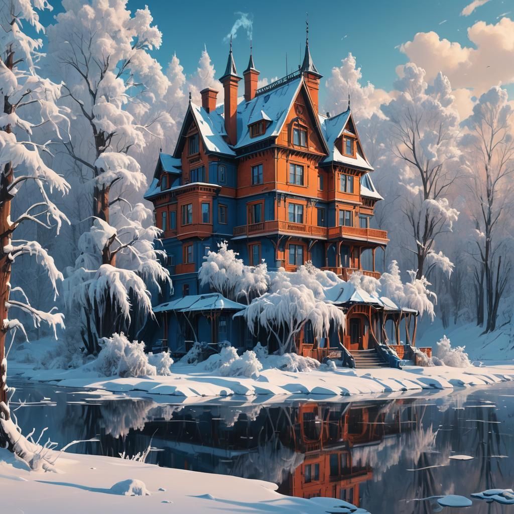 Grand House on Frozen Lake: Fantasy Concept Art