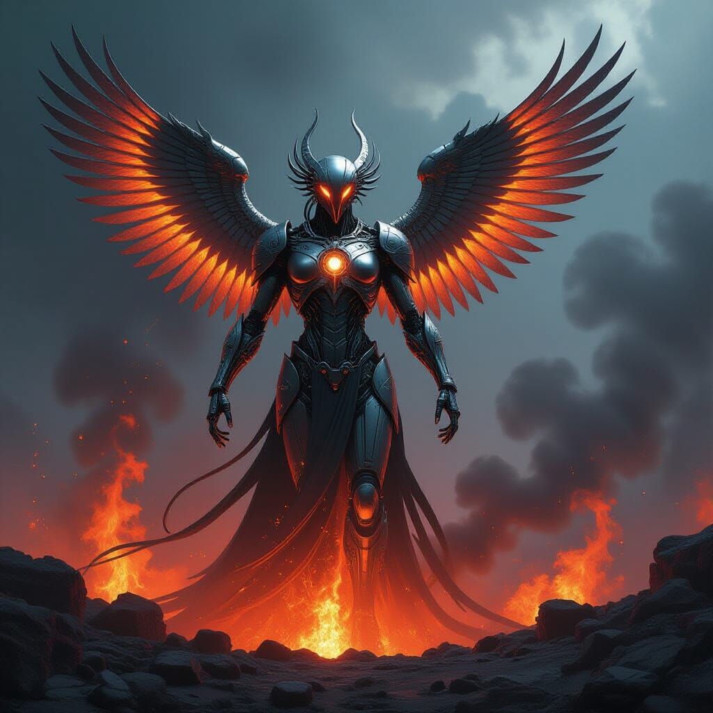 Biomechanical Phoenix Rising from Alien Volcano