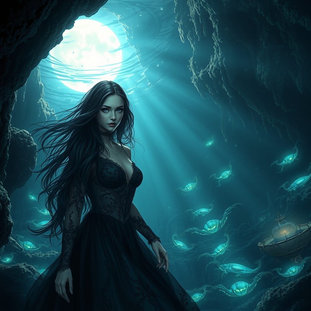 Underwater Gothic Seductress in Bioluminescent Cave