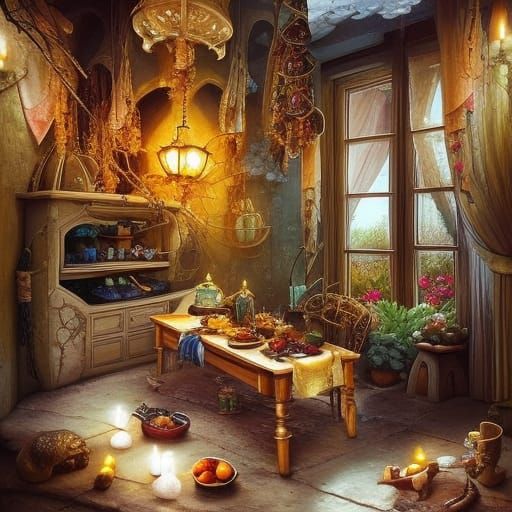 Fairy Tale Kitchen with Golden Stoves and Pastel Colors