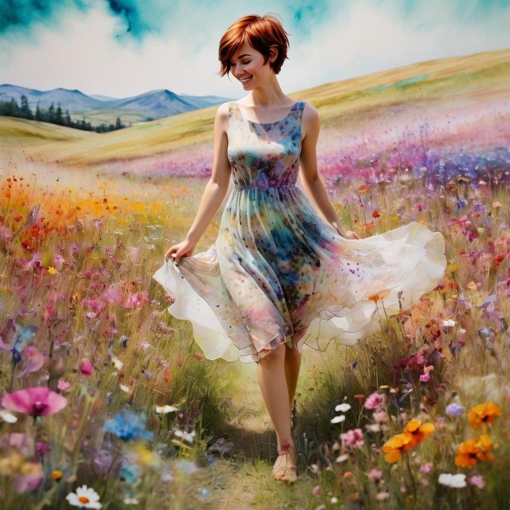 Woman in Wildflower Field, Alcohol Ink Painting