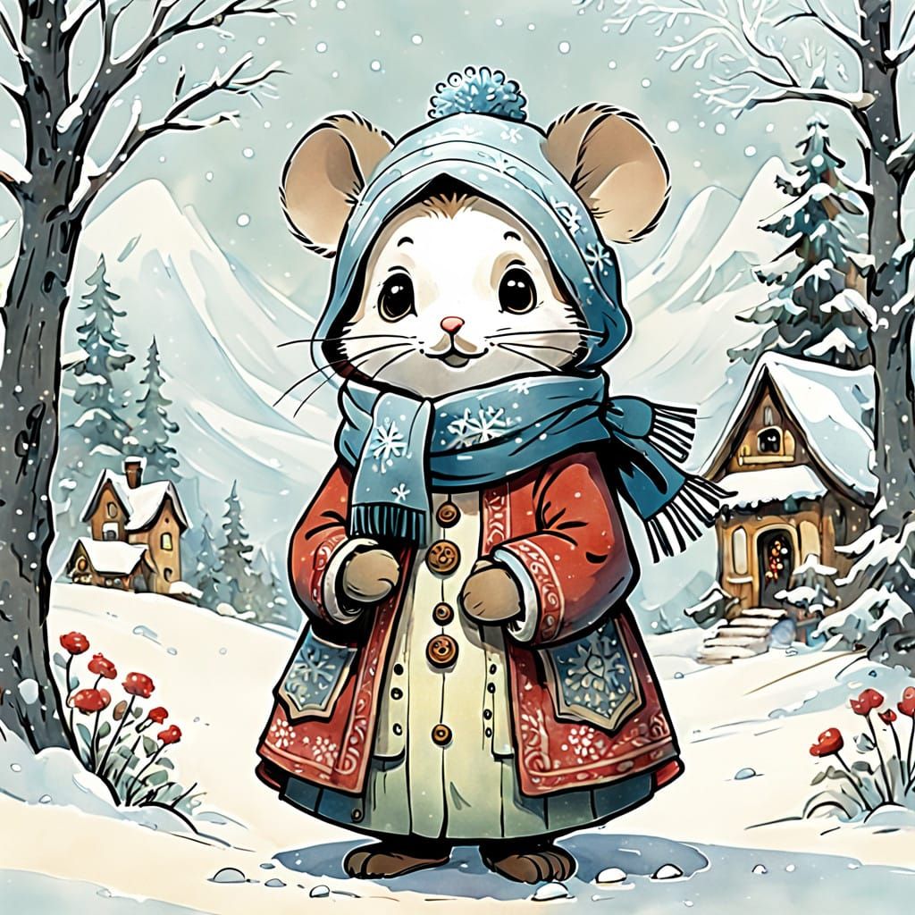 Winter Matryoshka Mouse in Cozy Watercolor Cartoon