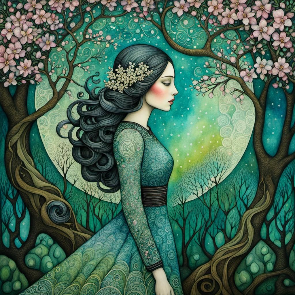 Zentangle Girl with Apple Blossoms in Watercolor