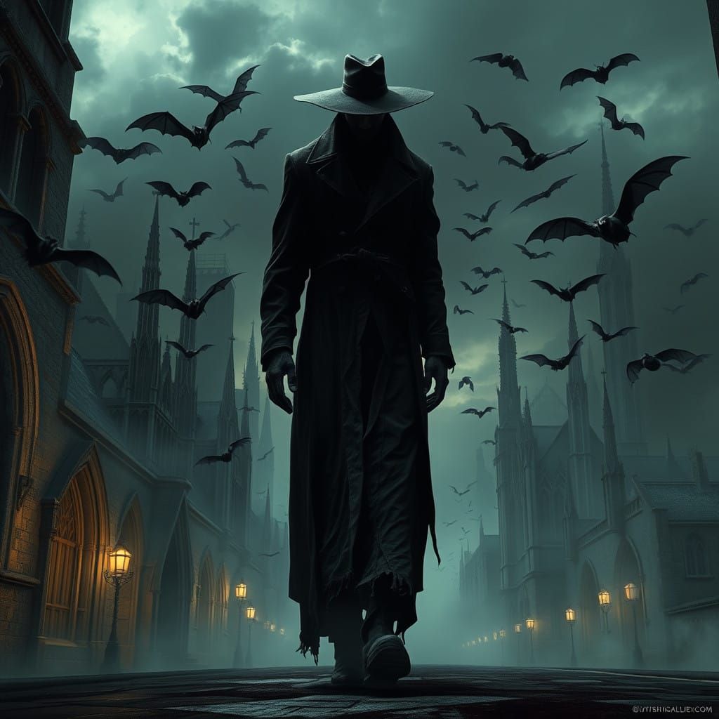 Gothic Figure Walks Dark Street Under Flickering Torches
