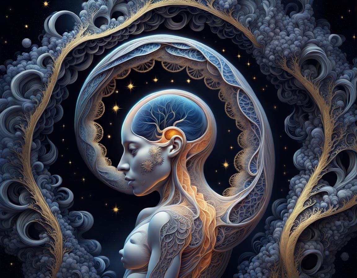 Human Embryo in Utero: Fine Line Drawing with Cosmic Border