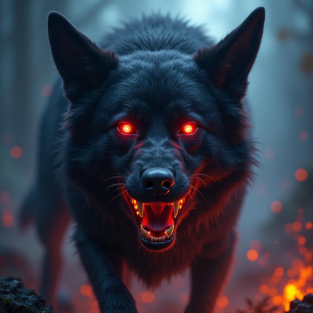 Menacing Dog with Red Eyes in Dark Fantasy Style