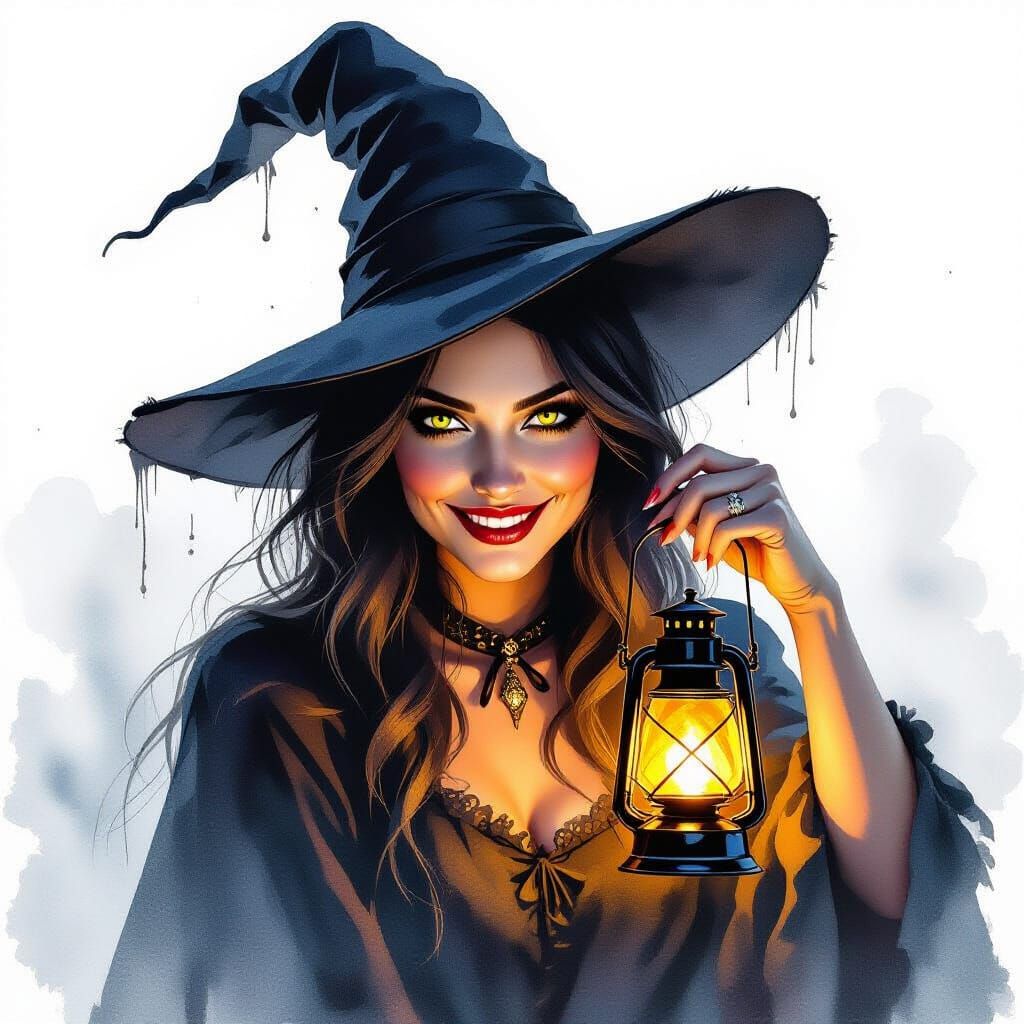 Halloween Witch Holding Lantern in Watercolor Style