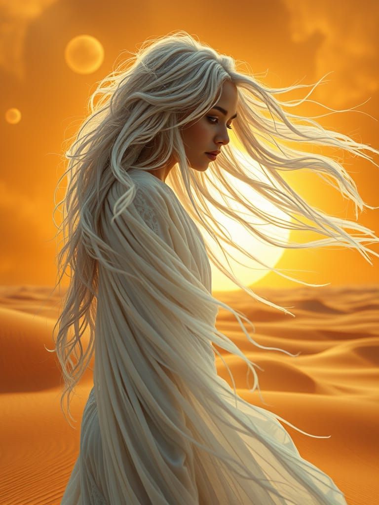Surreal Figure in Desert with Flowing Ivory Hair