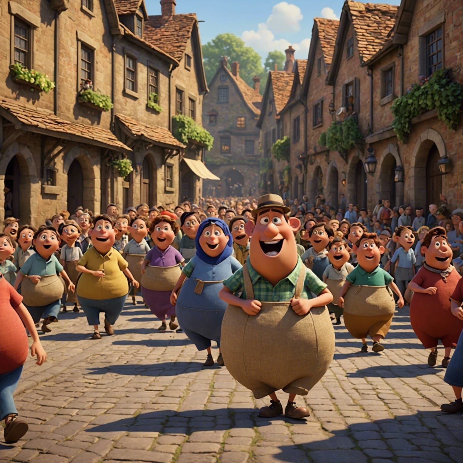 Pixar-Style Village Celebrates Sack Race