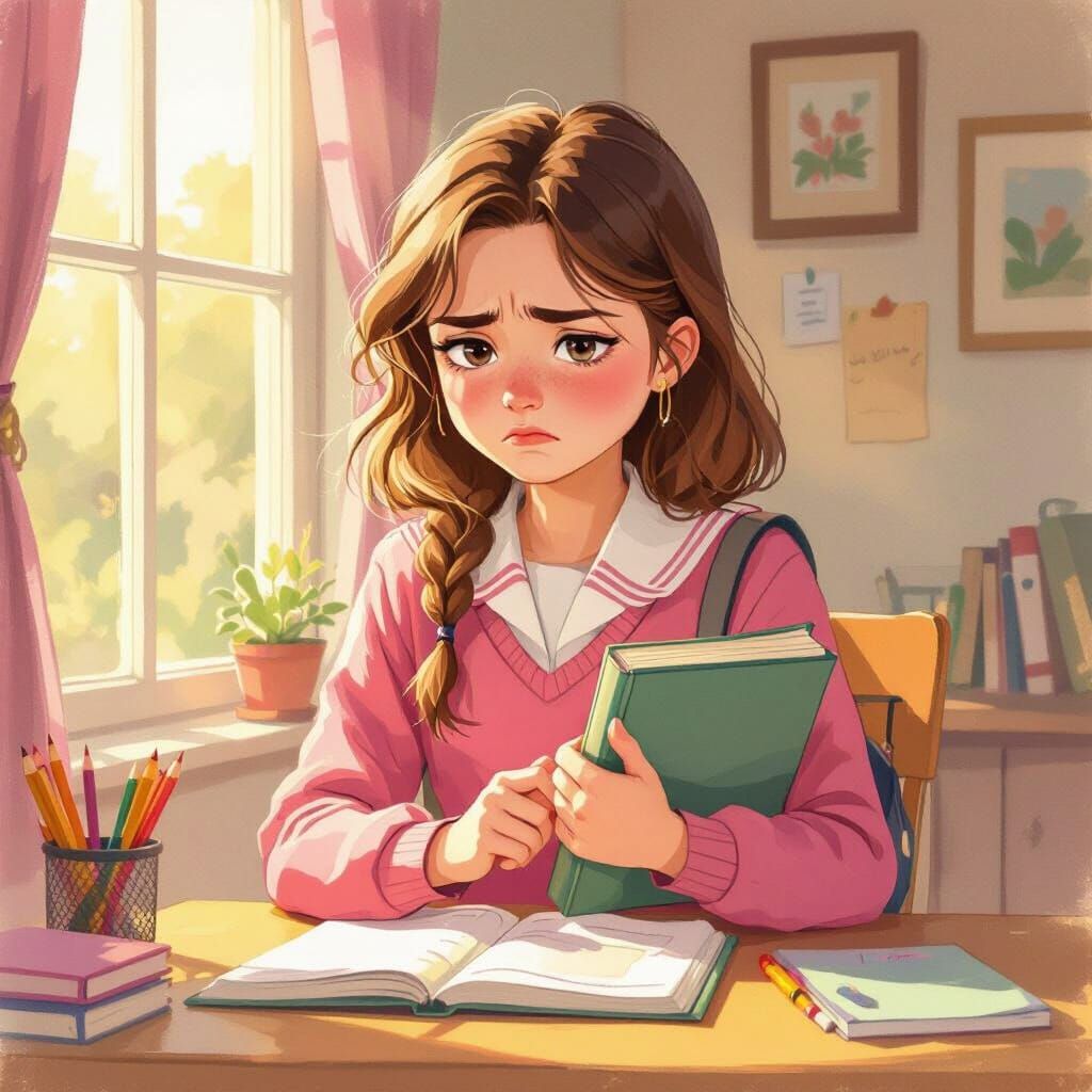 Grumpy Teenager Reluctantly Prepares for School in Color Pen...