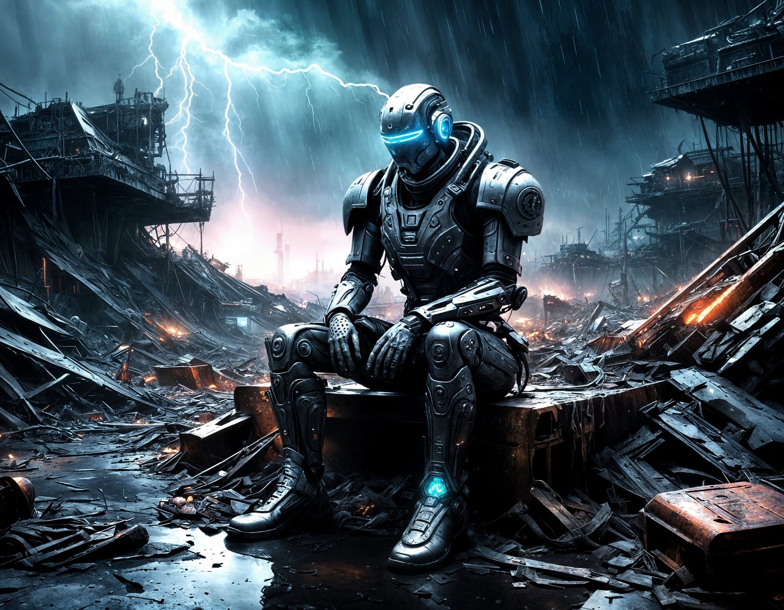 Cyborg Meditating in Rubbish Dump During Thunderstorm
