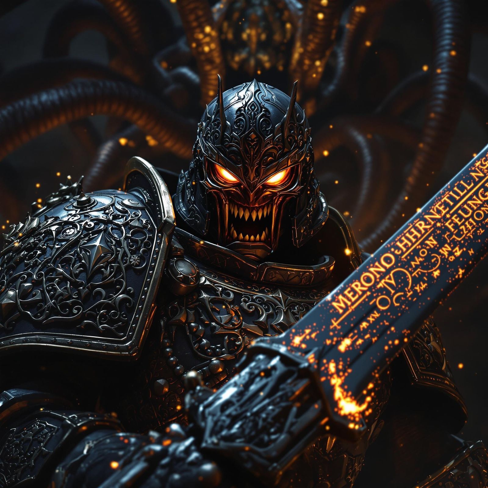 Battle-Worn Space Marine Against Dark, Ominous Backdrop