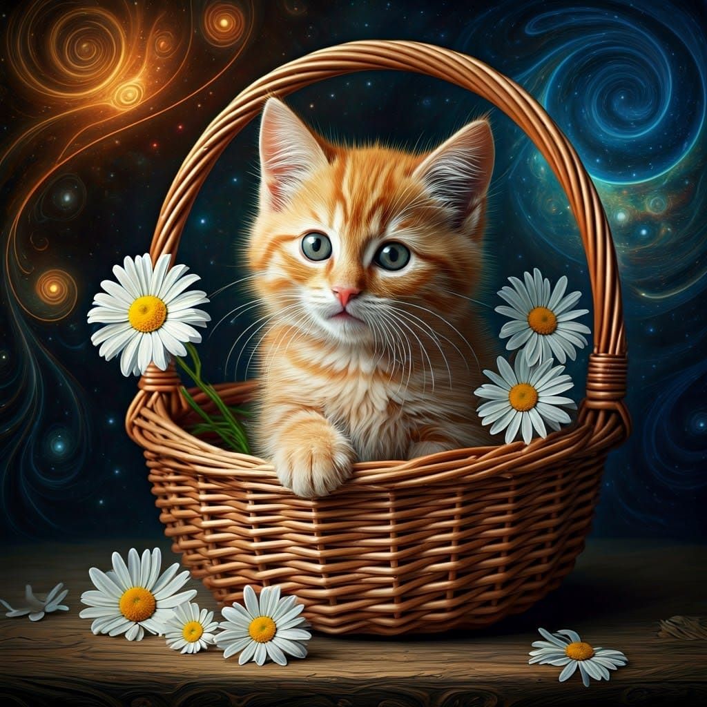 Whimsical Astral Kitten Amidst Swirling Daisies in Vibrant C...