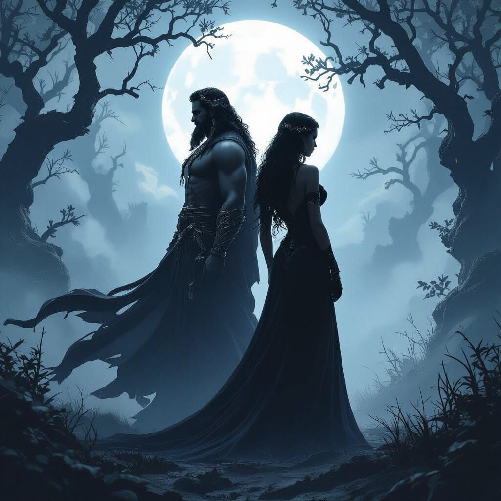 Zeus and Nyx in Mystical Dark Forest