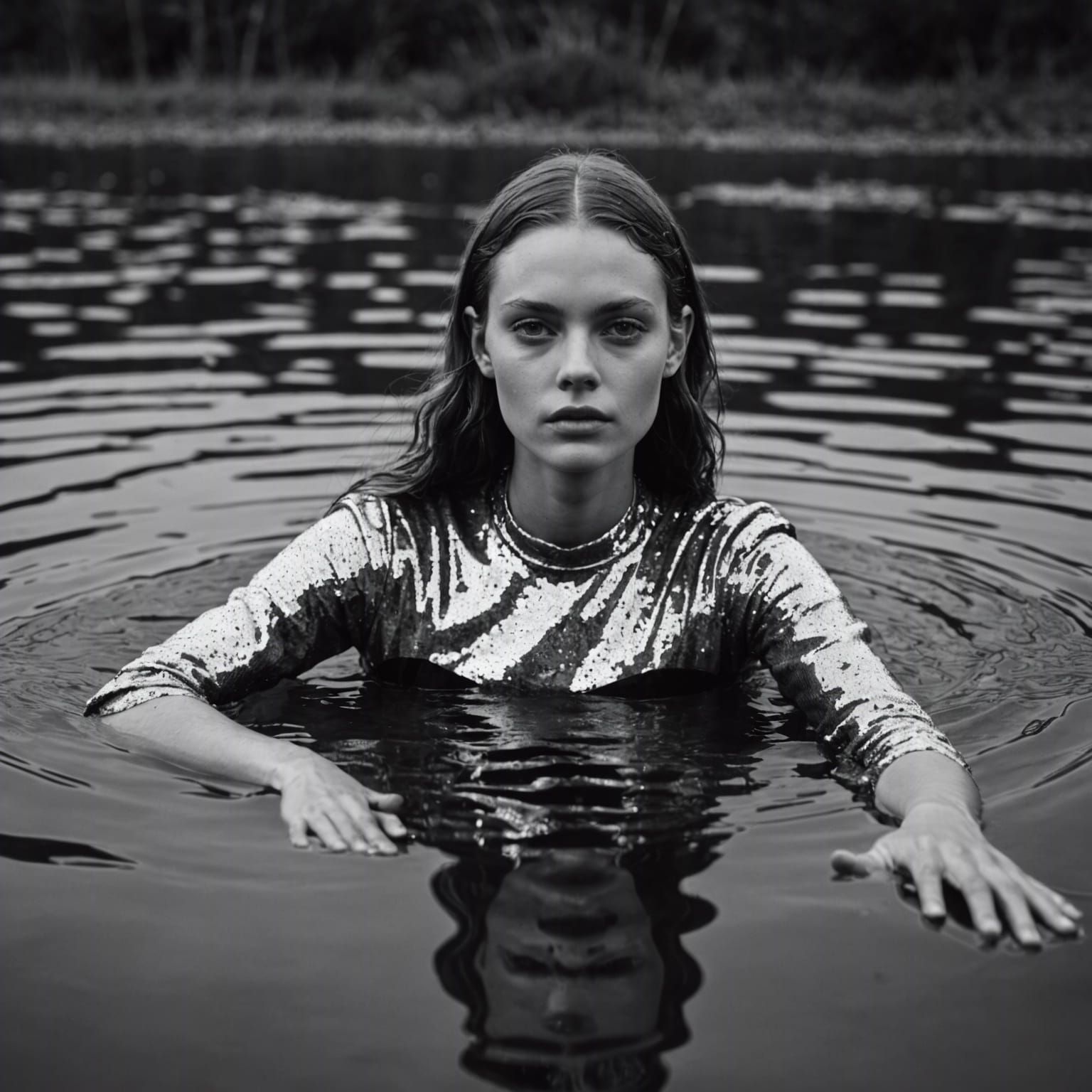 Monochrome Photo of Woman in Water with Sequins