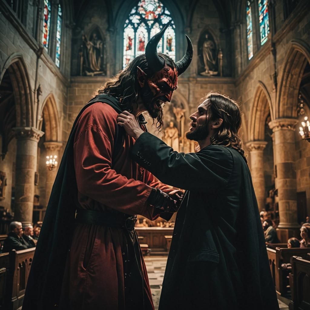 Devil Punches Jesus in Gothic Church: Dramatic Film Still