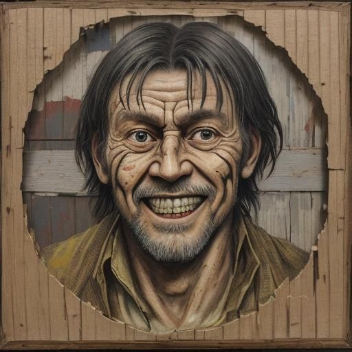 Weathered Face Witnessing Chaos in Surreal Art Style