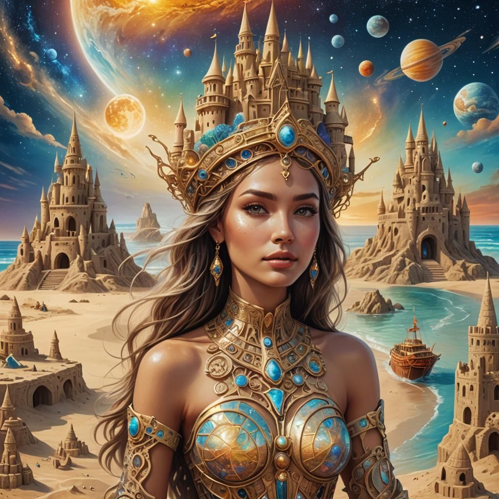 Cosmic Sandcastle with Woman, Visionary Art Style