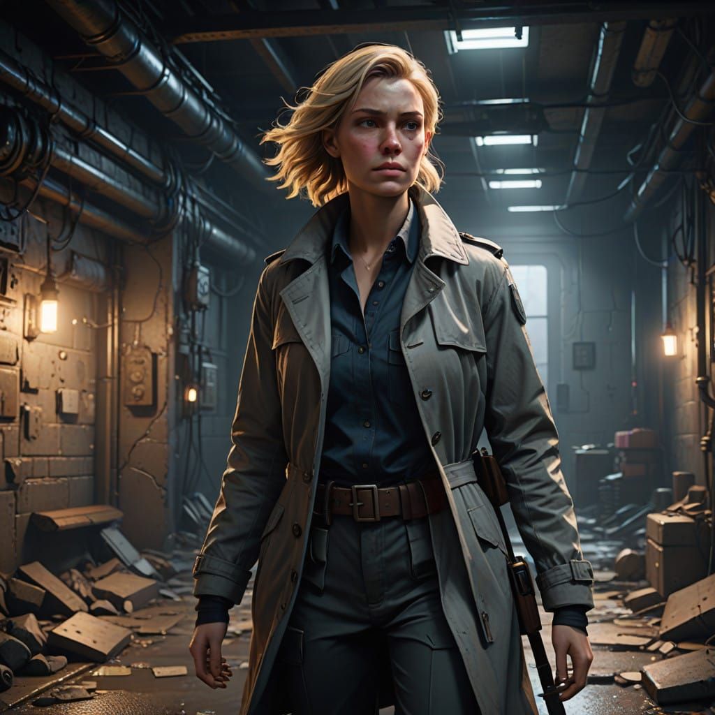 Determined Adventurer in Abandoned Basement at Midnight