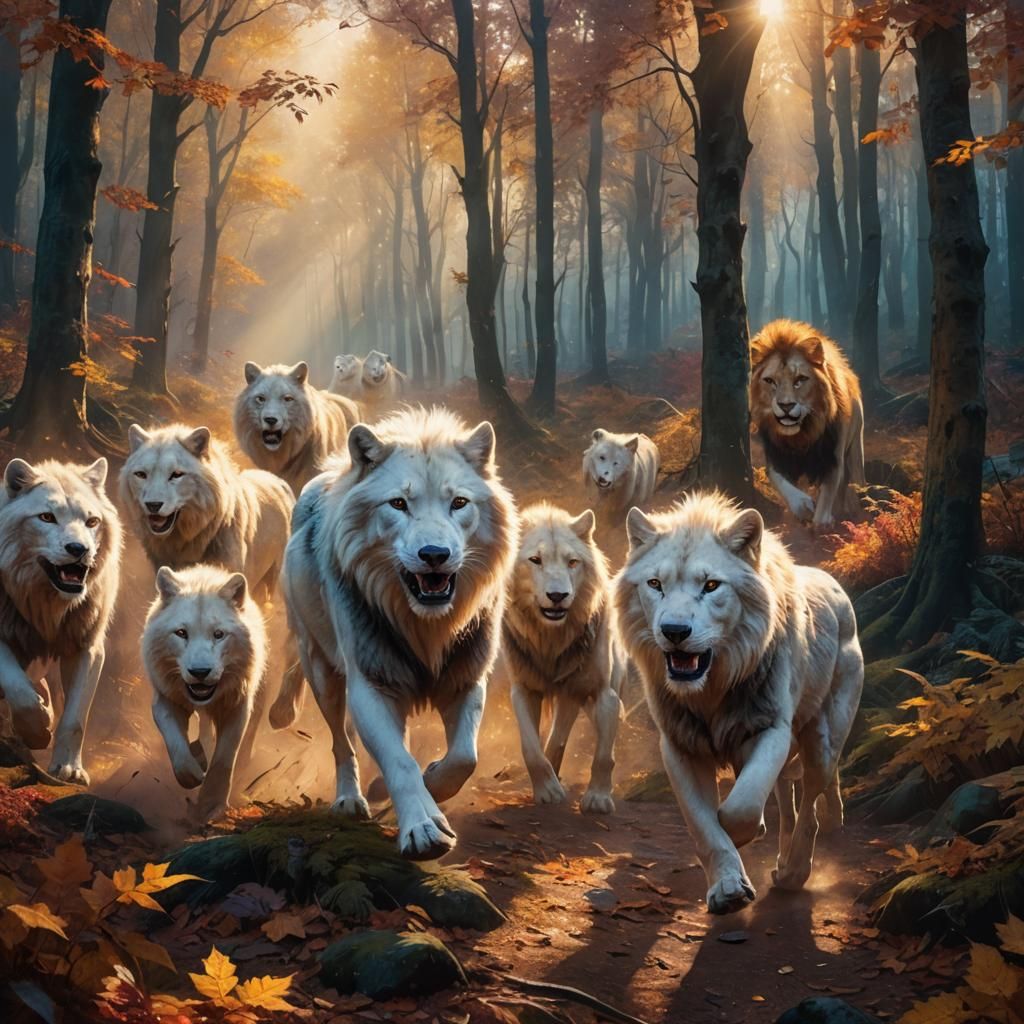 White Wolves and Lion in Misty Forest, Matte Painting