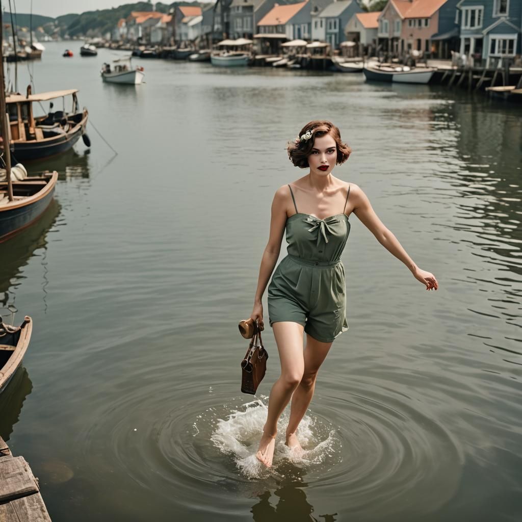 Chic 1920s Woman Swimming in Coastal Harbor
