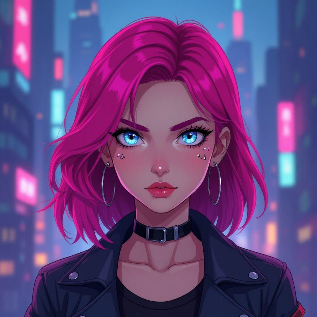 Pink Haired Woman in Neon Cityscape