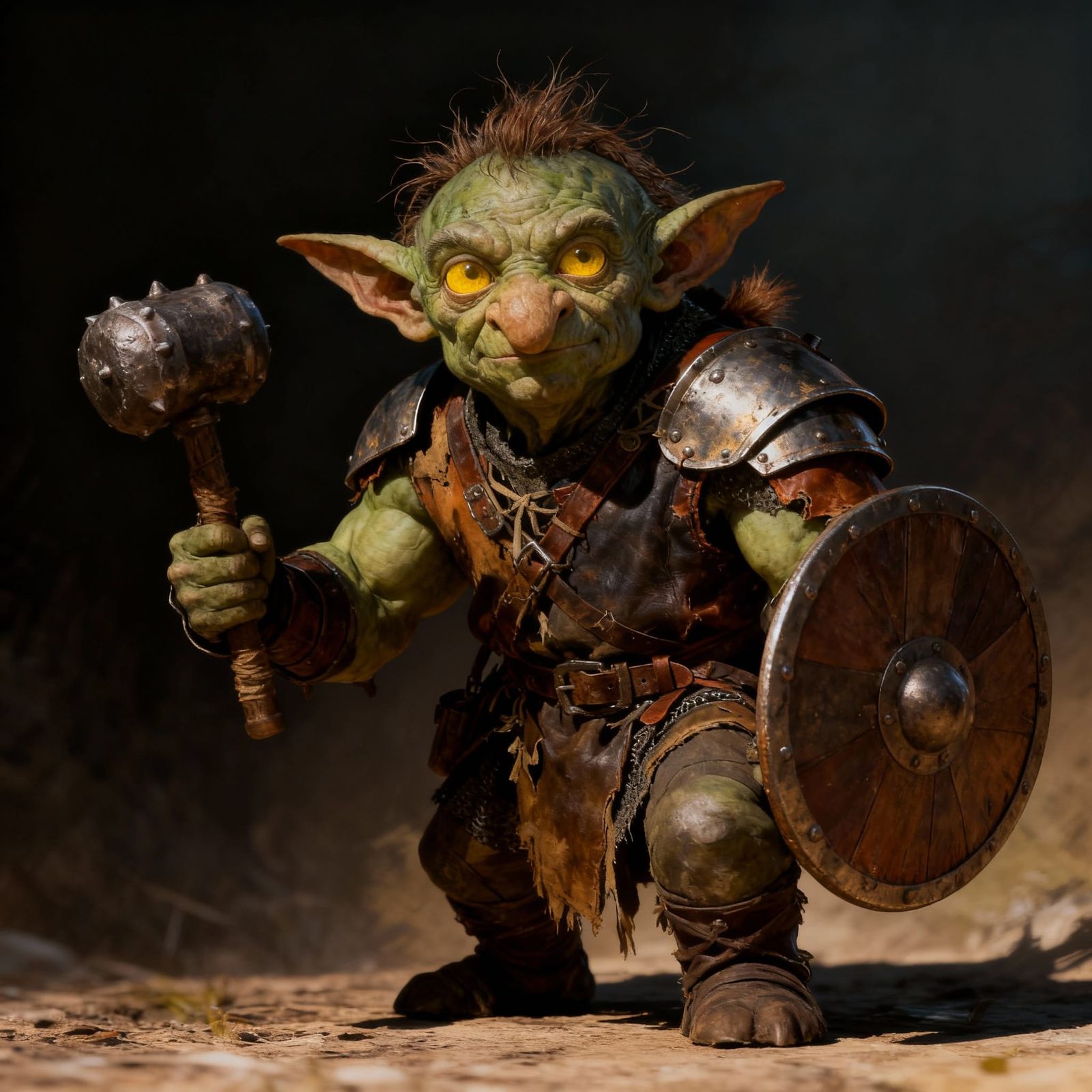 Muscular Goblin Warrior Defends with Shield and Mace