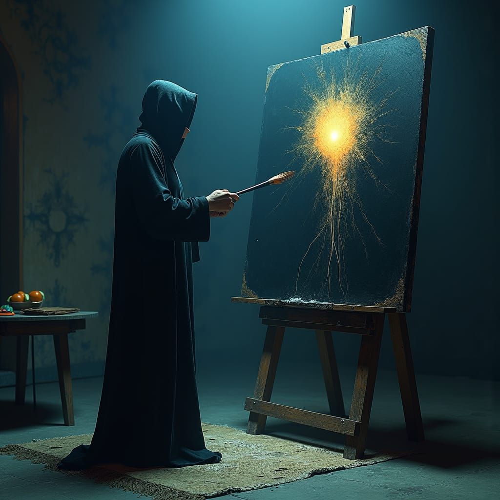 Surreal Painter in Dim Studio, Watercolor-Inspired