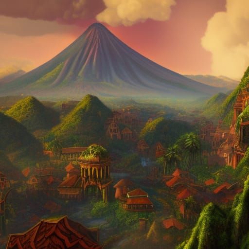 Evil Jungle Town with Volcano, Detailed Matte Painting